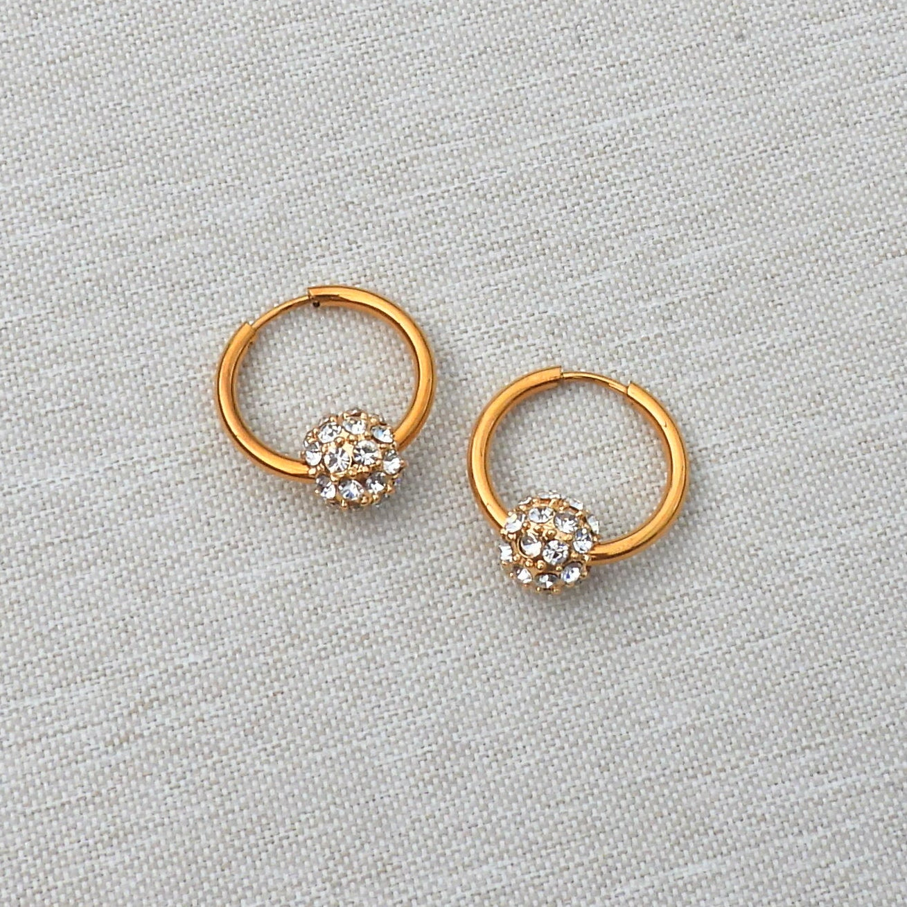 Belle Diamante Ball Gold Plated Stainless Steel Hoop Earrings