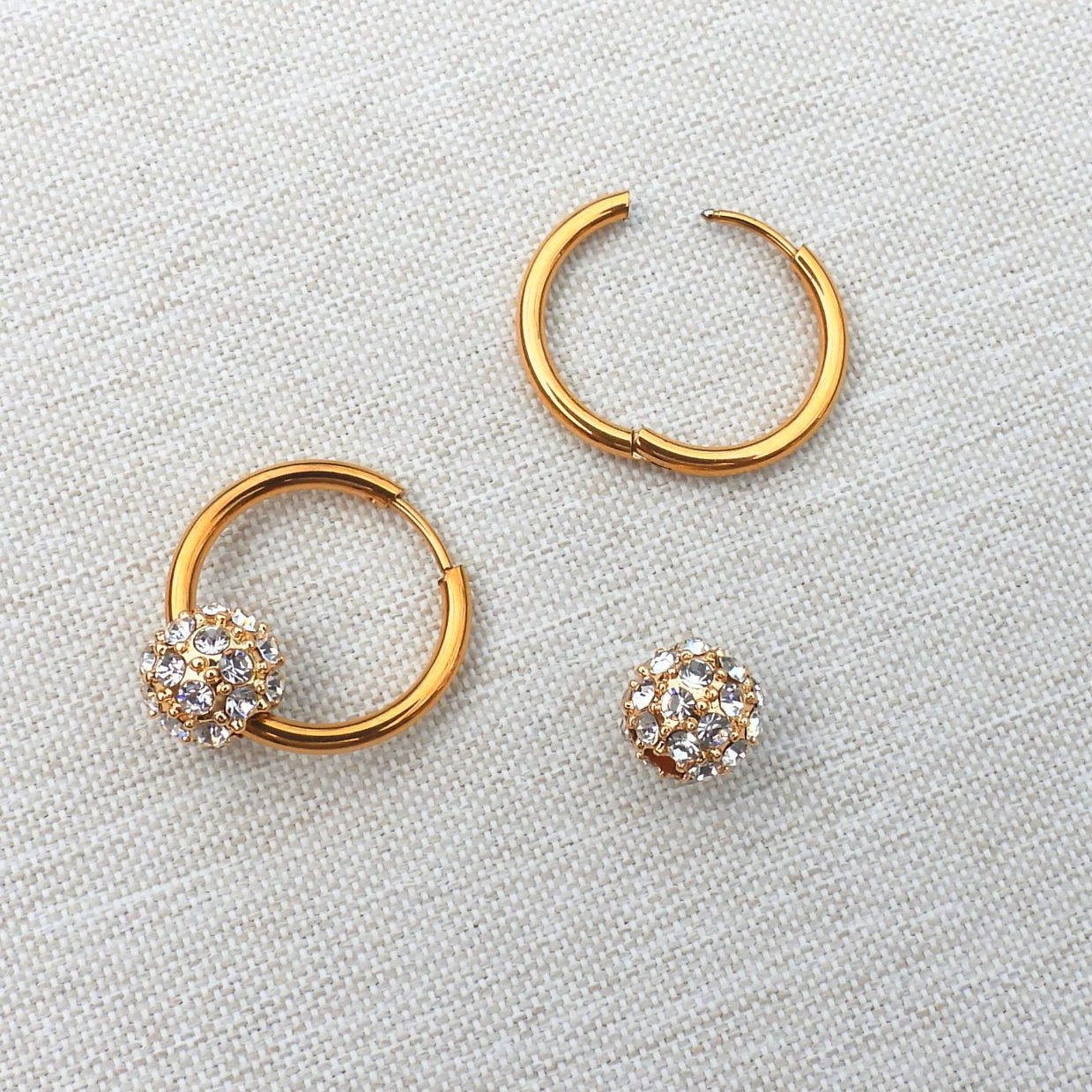 Belle Diamante Ball Gold Plated Stainless Steel Hoop Earrings