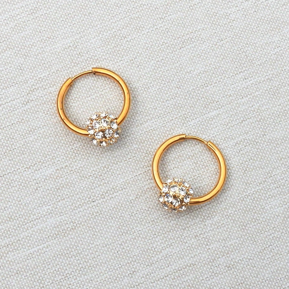 Belle Diamante Ball Gold Plated Stainless Steel Hoop Earrings