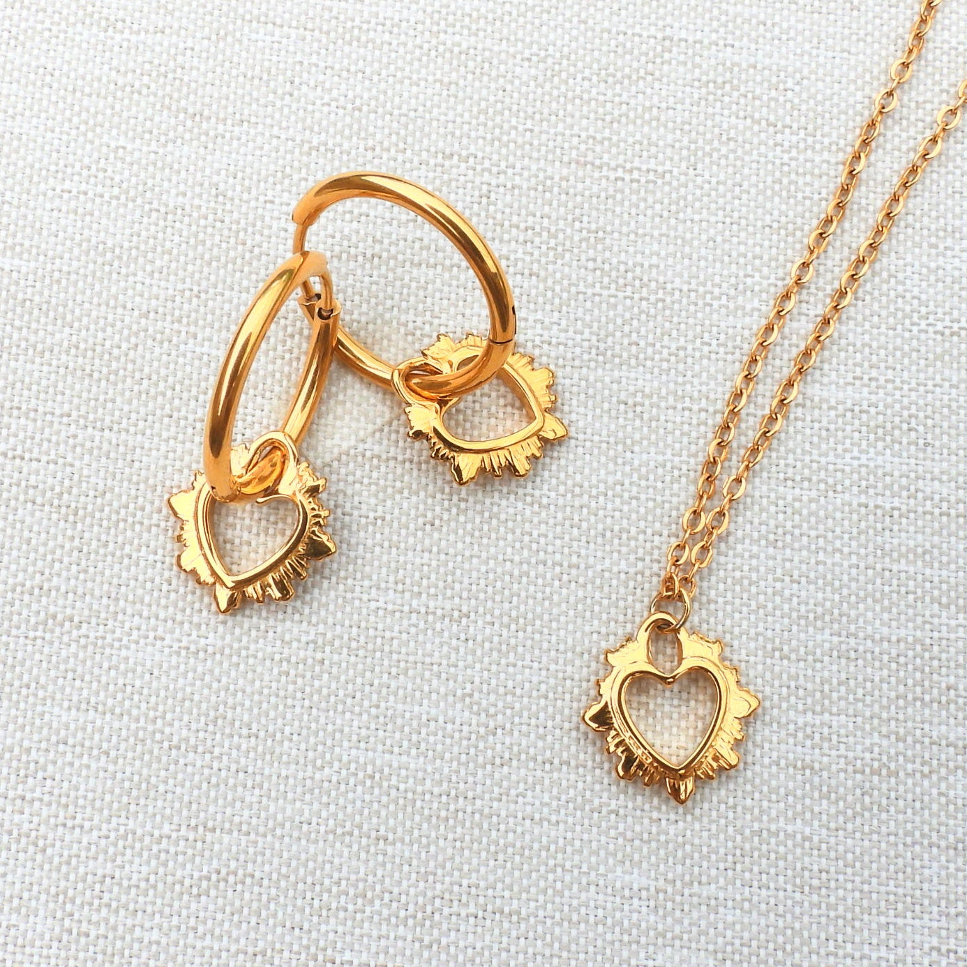 Zara Gold Plated Stainless Steel Fire Heart Pendant Necklace and Earrings Set