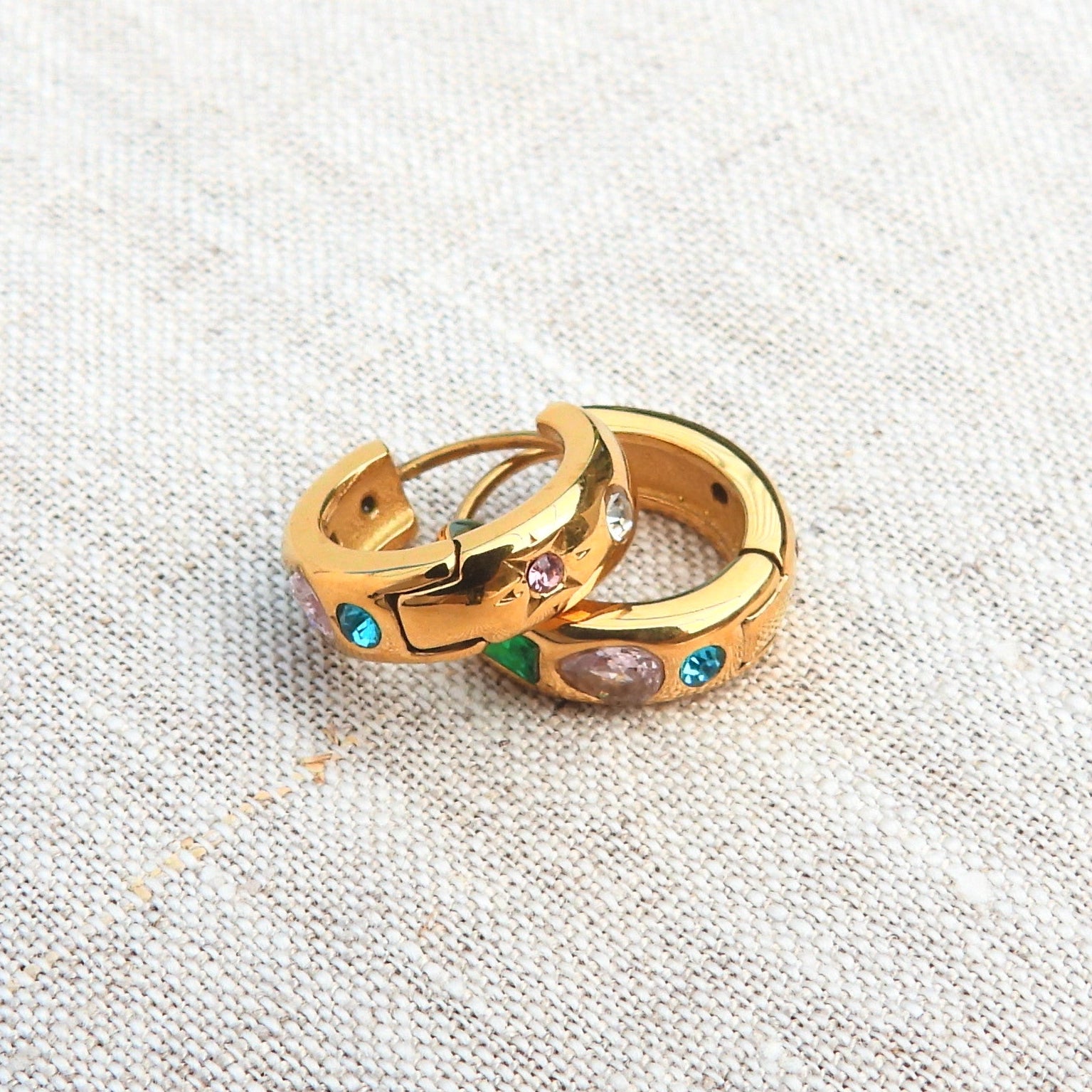 Solara Multi Gemstone Gold Plated Stainless Steel Huggie Earrings