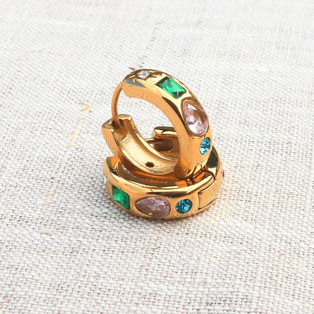 Solara Multi Gemstone Gold Plated Stainless Steel Huggie Earrings