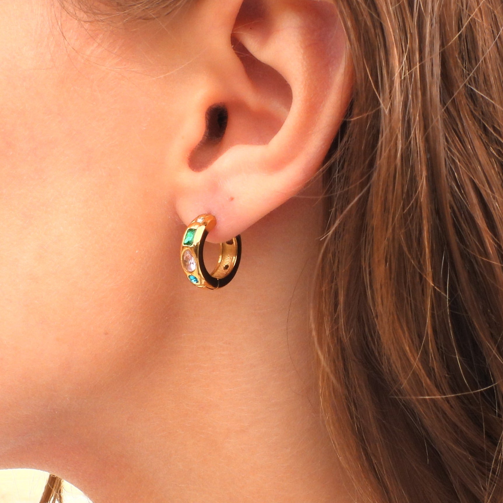 Solara Multi Gemstone Gold Plated Stainless Steel Huggie Earrings
