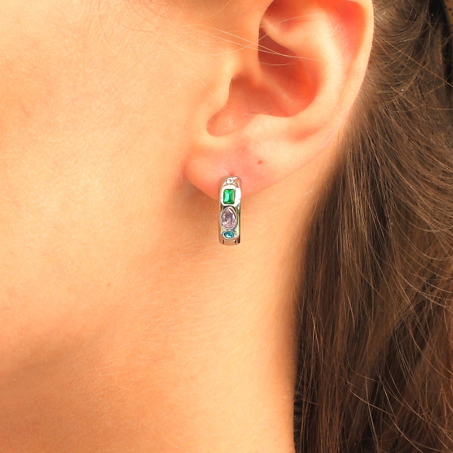 Solara Multi Gemstone Gold Plated Stainless Steel Huggie Earrings