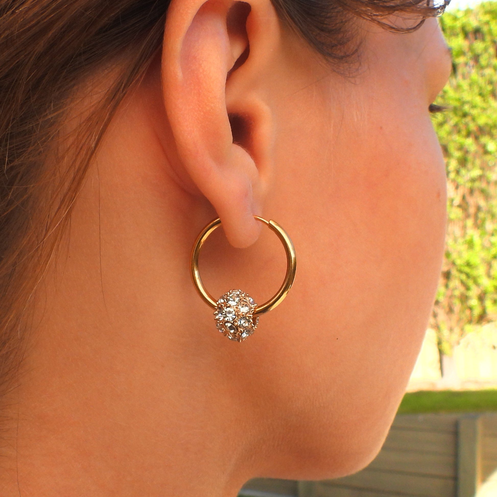Belle Diamante Ball Gold Plated Stainless Steel Hoop Earrings