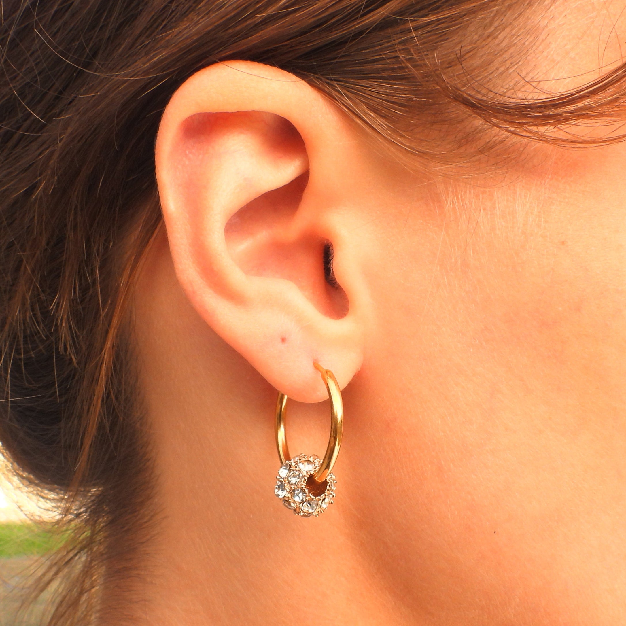 Belle Diamante Ball Gold Plated Stainless Steel Hoop Earrings