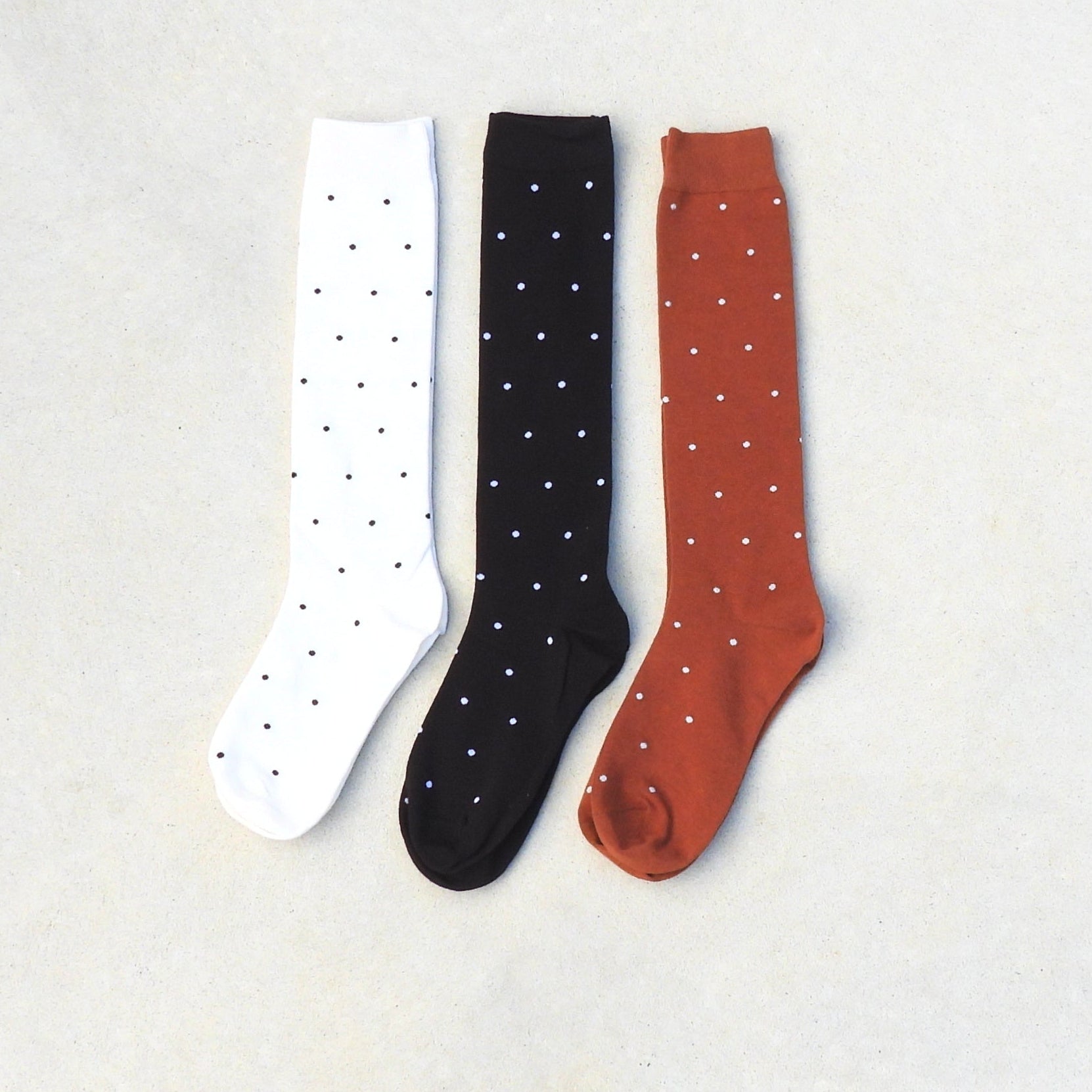 Mia Polka Dot Knee Socks Set of 3 Pairs Black, White and Chestnut