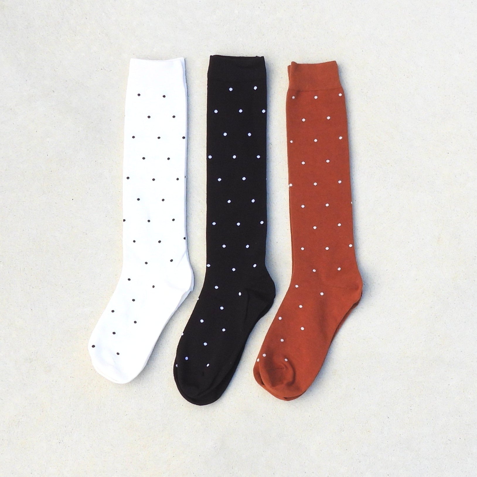 Mia Polka Dot Knee Socks Set of 3 Pairs Black, White and Chestnut