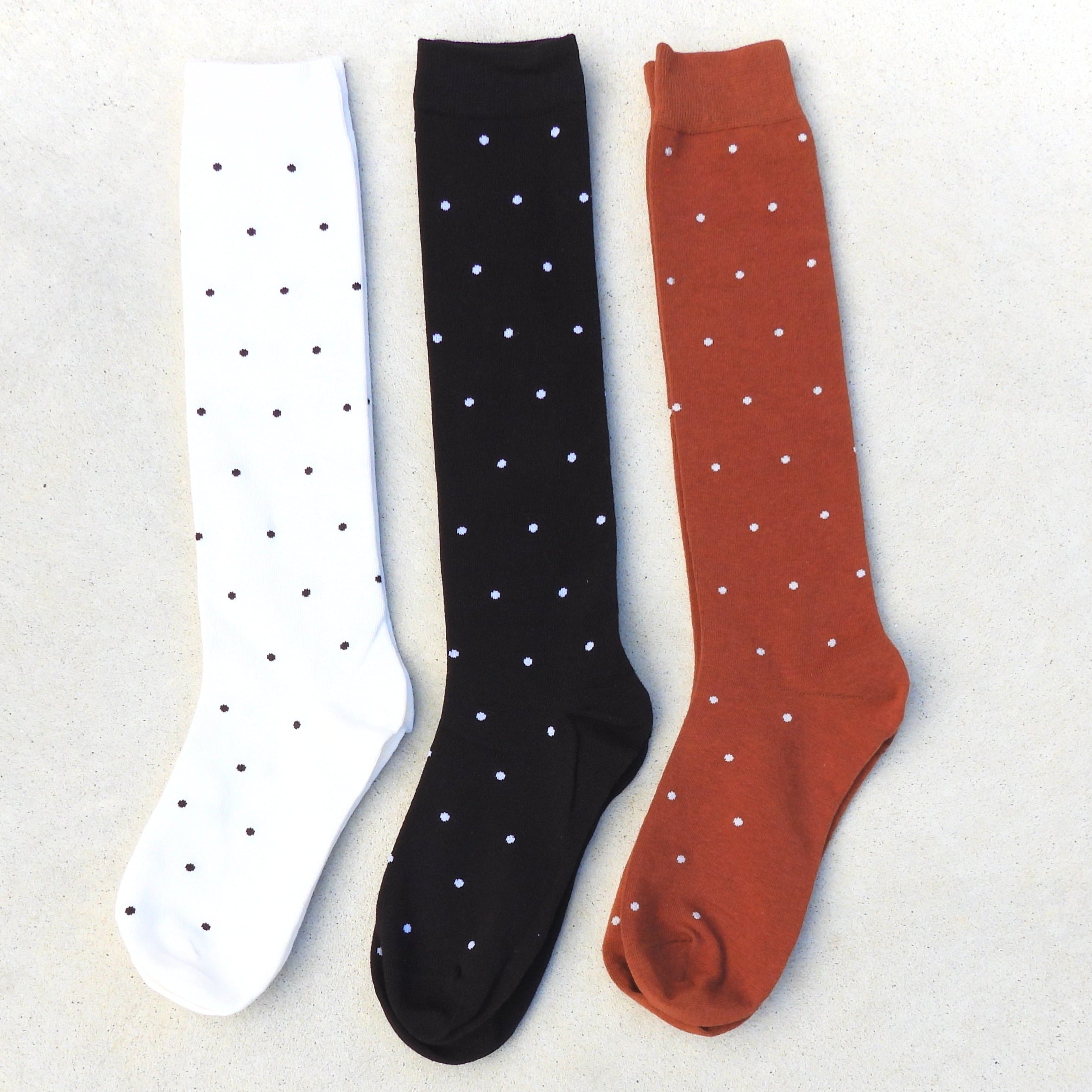 Mia Polka Dot Knee Socks Set of 3 Pairs Black, White and Chestnut