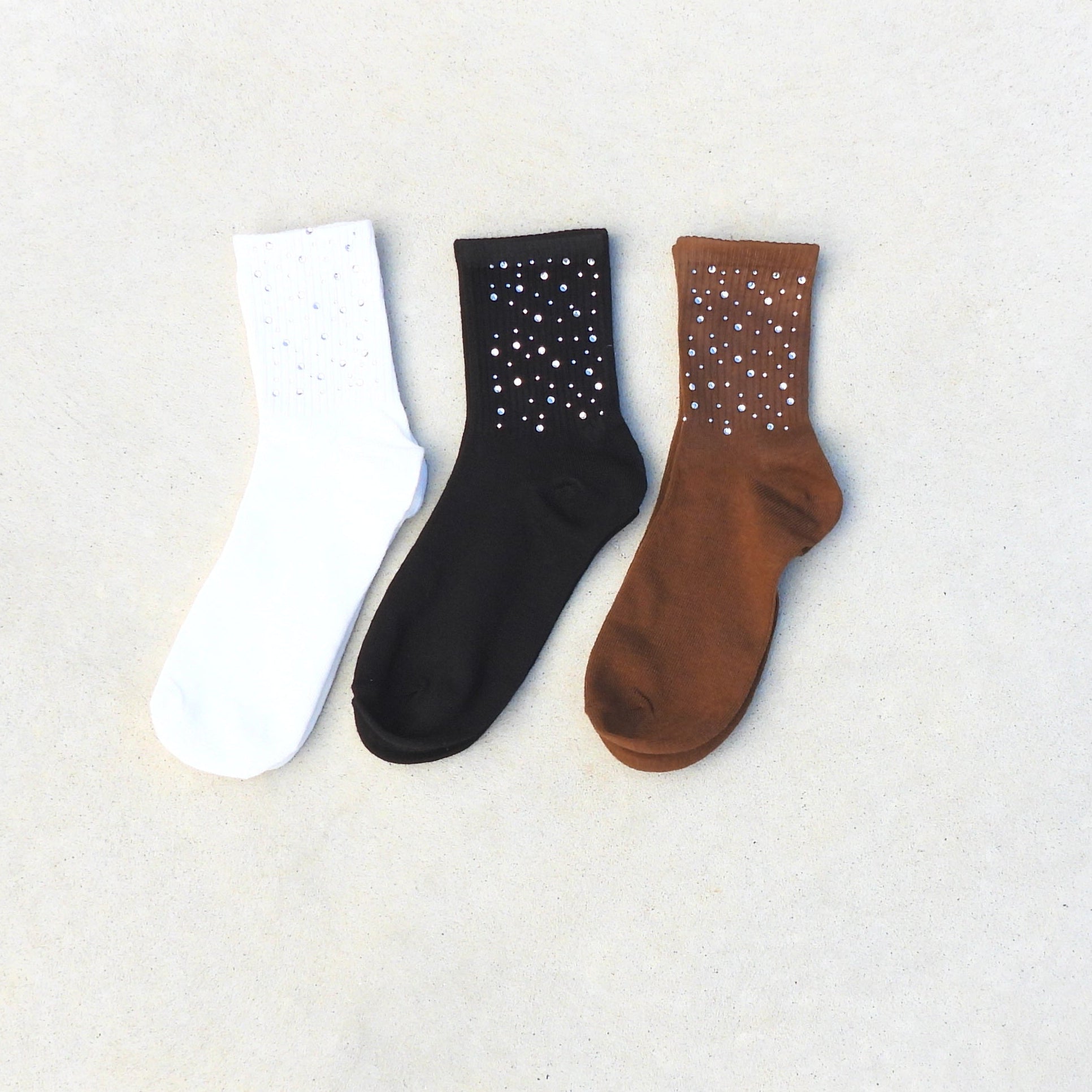 Stella Rhinestone Embellished Crew Socks 3 Pairs Black, White, Chocolate