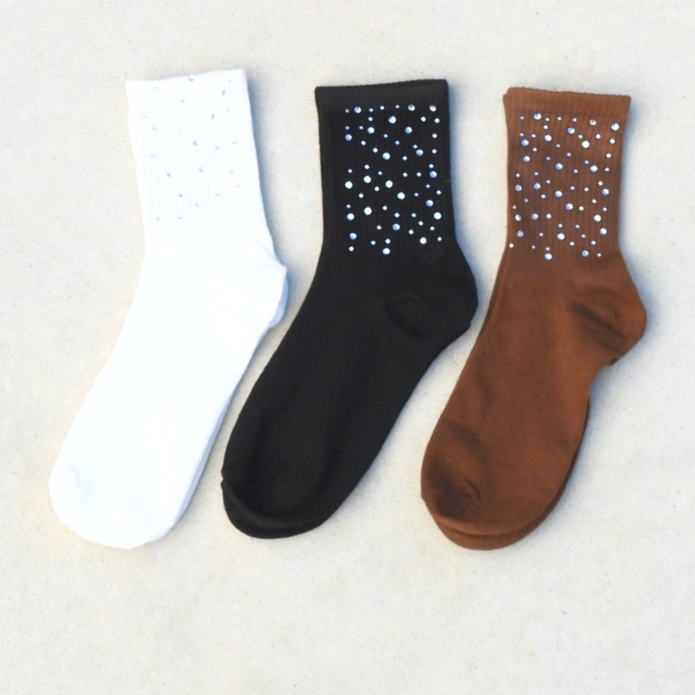 Stella Rhinestone Embellished Crew Socks 3 Pairs Black, White, Chocolate