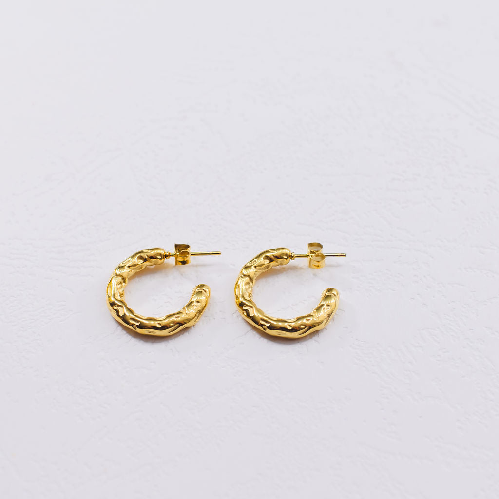 Madison Gold Plated Stainless Steel Beaten Hoop Stud Earrings