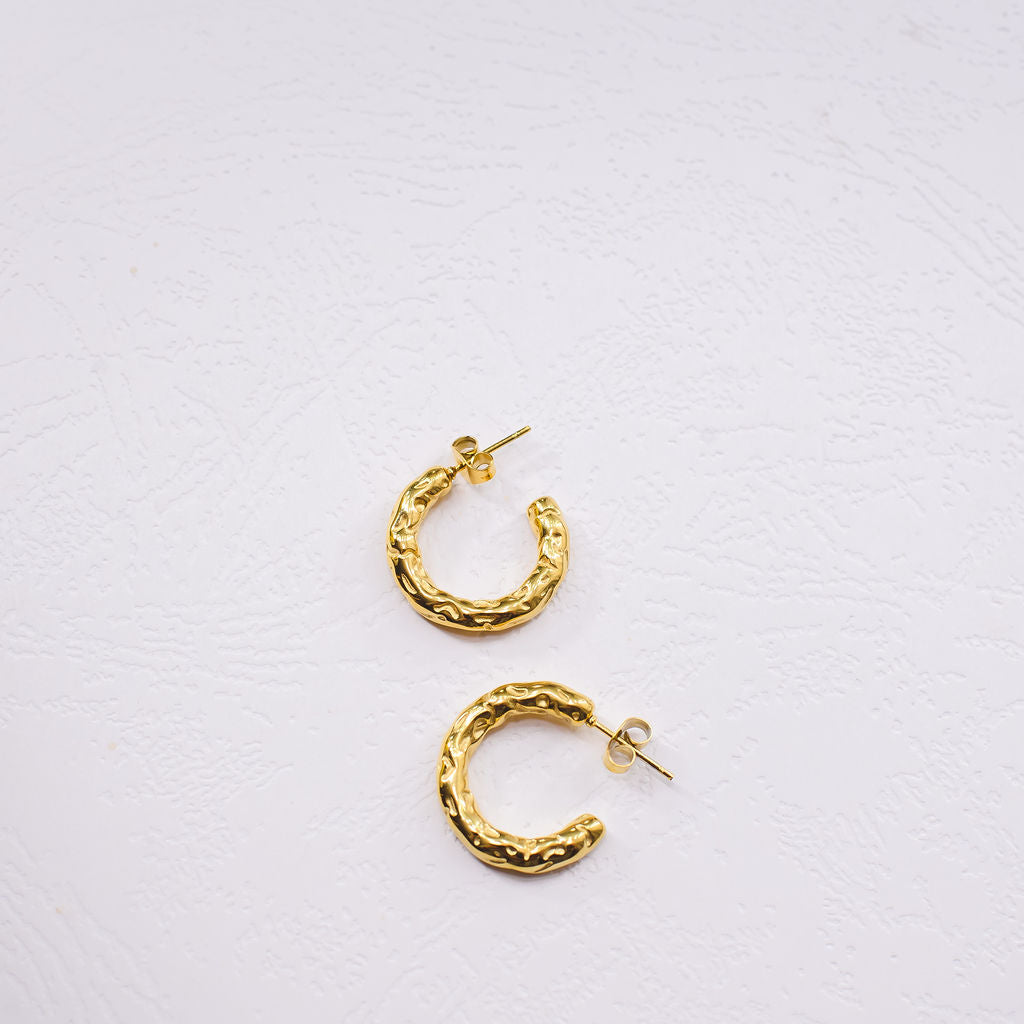 Madison Gold Plated Stainless Steel Beaten Hoop Stud Earrings