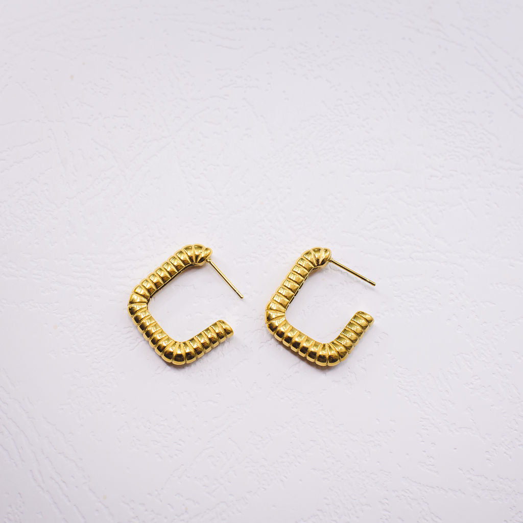 Lucia Gold Plated Stainless Steel Square Ridge Detail Stud Earrings
