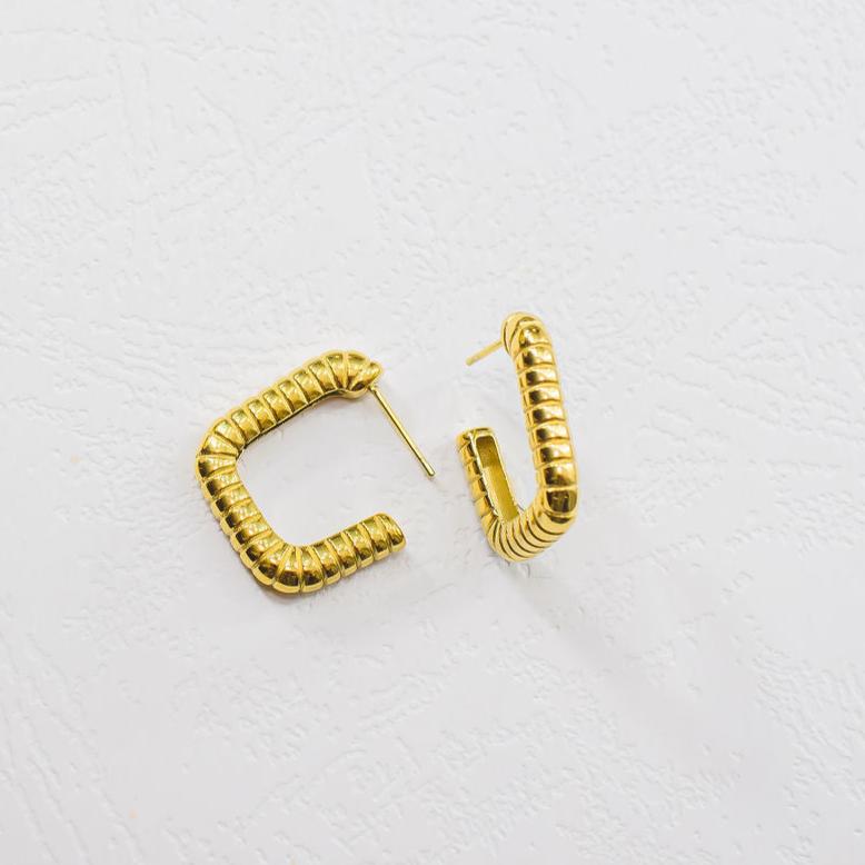 Lucia Gold Plated Stainless Steel Square Ridge Detail Stud Earrings
