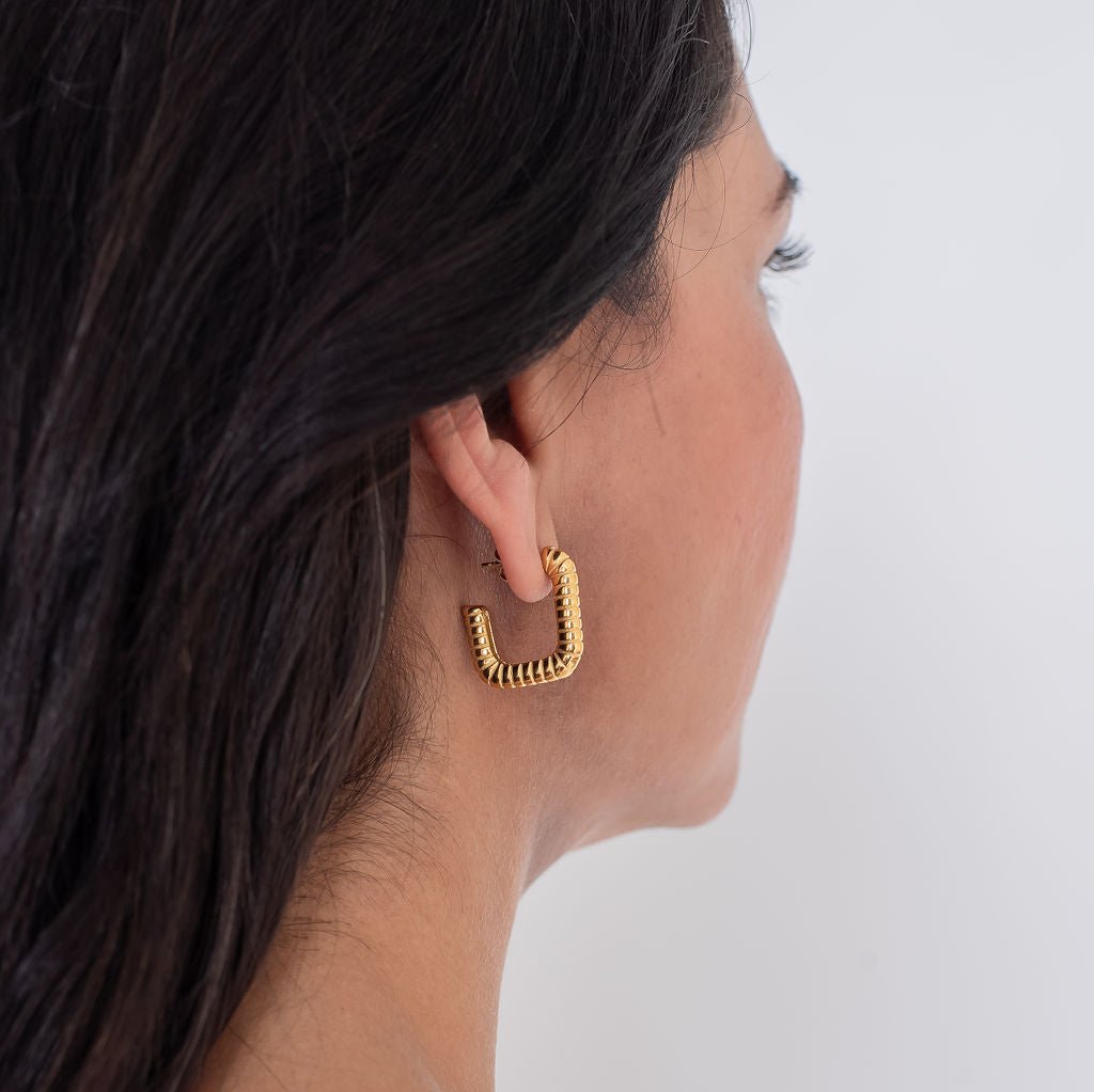 Lucia Gold Plated Stainless Steel Square Ridge Detail Stud Earrings