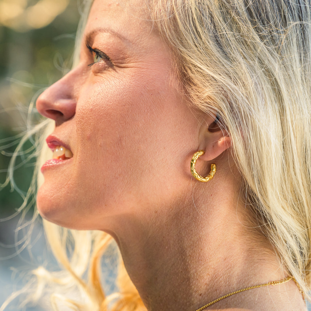 Madison Gold Plated Stainless Steel Beaten Hoop Stud Earrings