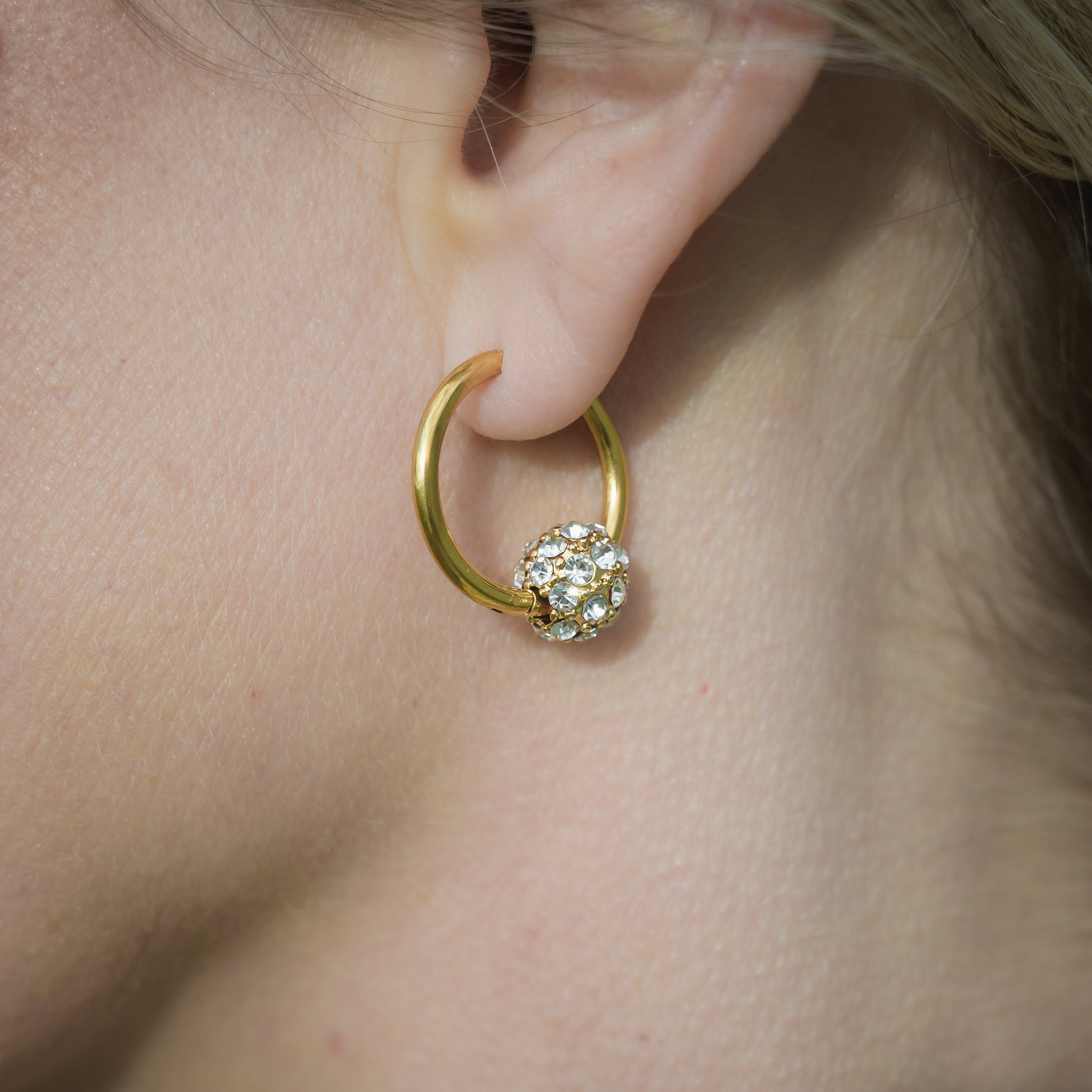 Belle Diamante Ball Gold Plated Stainless Steel Hoop Earrings