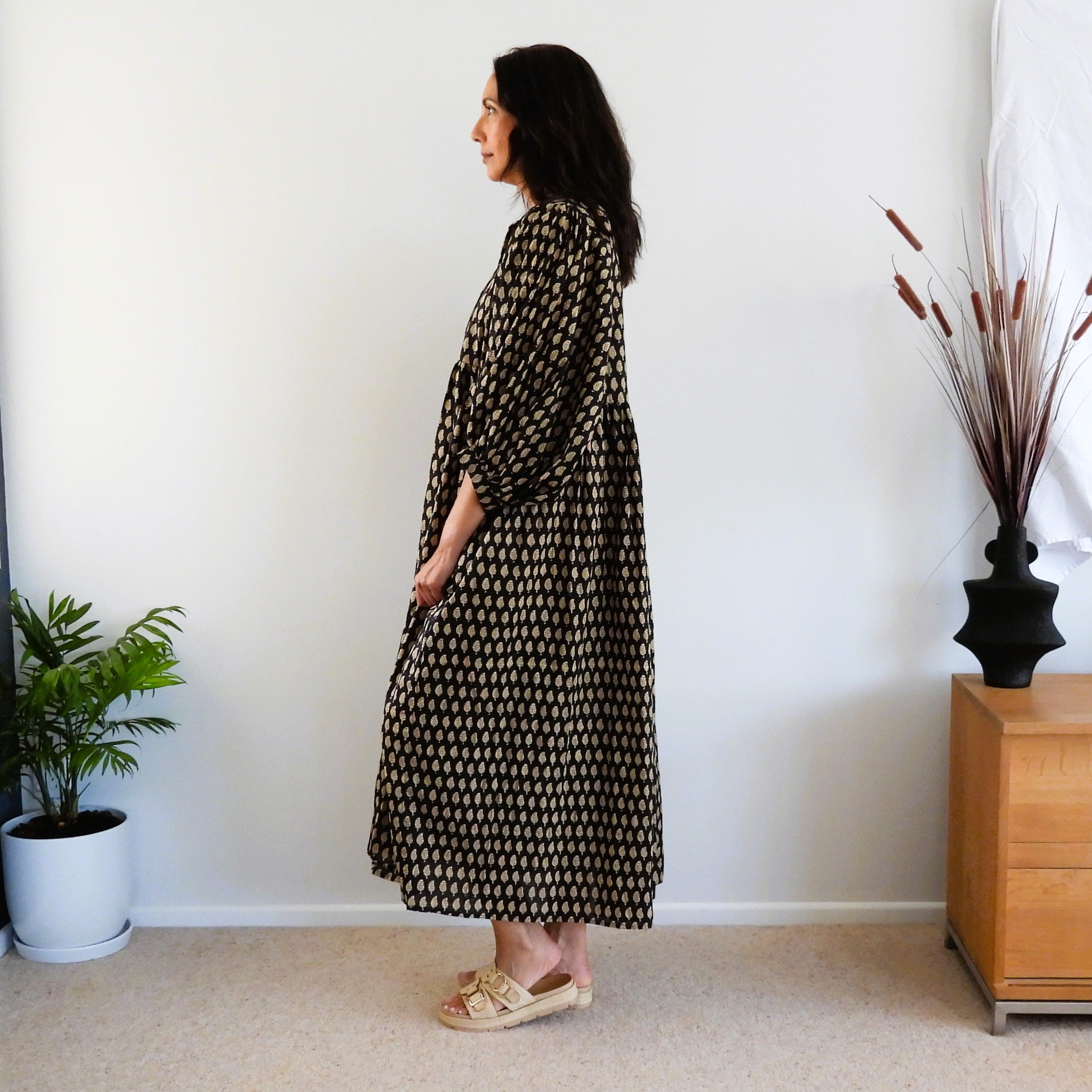 Cotton Boho Midi Dress – Willow (Black & Beige Leaf)