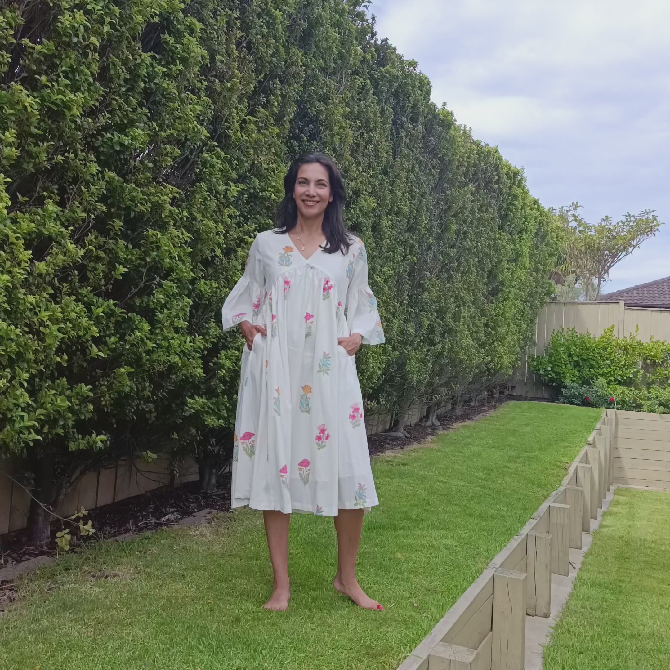 Cotton Midi Dress White Floral - Anya